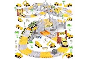 DOUEUREL Construction Race Track Toy for Kids,190Pcs Slot Car Track with 6pcs Engineering Truck 2 Electric Race Cars, Flexible Racing Car Track Playset Gifts for 4 5 6 7 Year Old Boys Girls