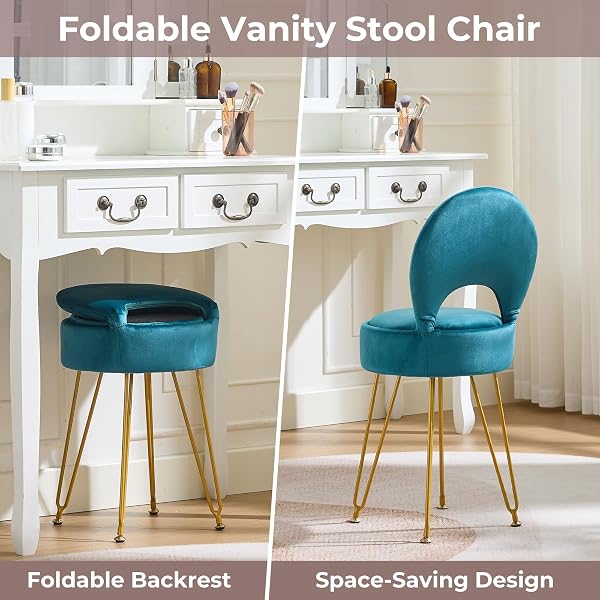 RUCUKEN VELVET GREEN SMALL VANITY CHAIR & STOOL – 13″ DX13 W FOLDING BACK STORAGE OTTOMAN, ANTI-SLIP GOLDEN V-LEG FOR BEDROOM MAKEUP ROOM