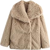 ebossy Women's Faux Fur Crop Jacket Long Sleeve Cozy Winter Warm Fluffy Leopard Pure Color Sherpa Coat with Pockets