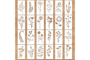 MWOOT Flower Stencils for Painting on Wood, 24 PCS Reusable Floral Leaves Stencil for Crafts, Plastic DIY Drawing Templates S