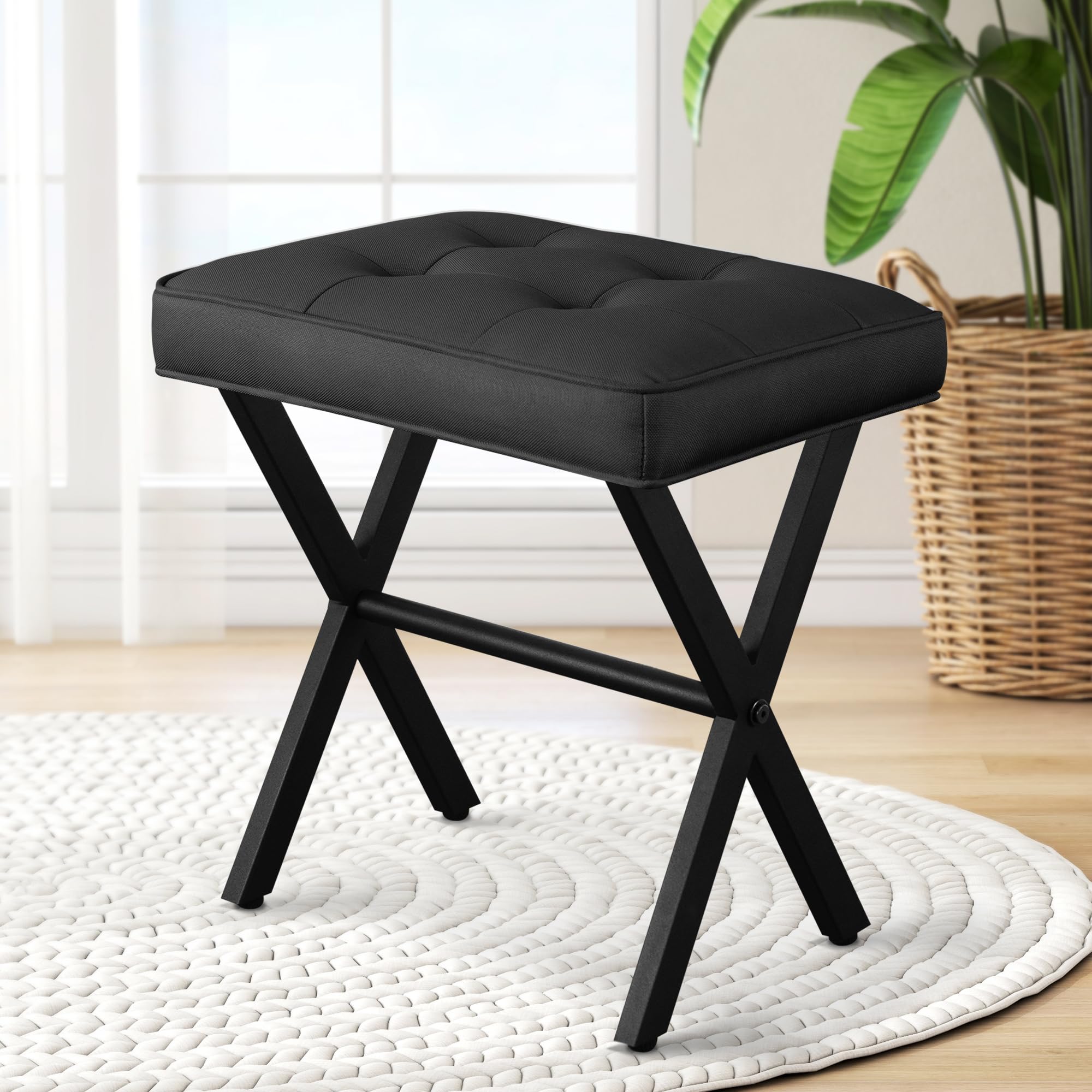 Photo 1 of RKVPCNE Vanity Stool Ottoman Stool Chair for Vanity Chair with Metal X Legs, Footrest Upholstered Makeup for Makeup Room, Living Room, Bathroom, Padded Foot Rest Seat for Entryway(Black)