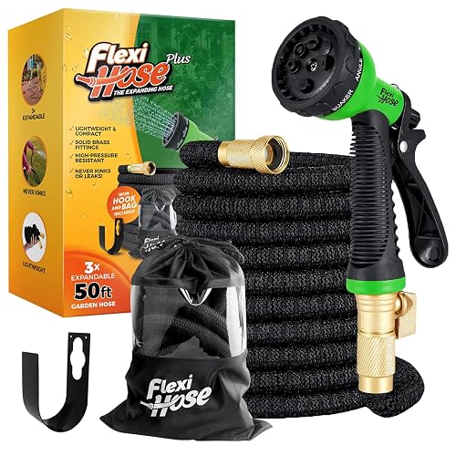 Flexi Hose Plus with 8 Function Nozzle Expandable Garden Hose, Lightweight & No-Kink Flexible Garden Hose, 3/4 inch Solid Brass Fittings and Double Latex Core, 50 ft Black