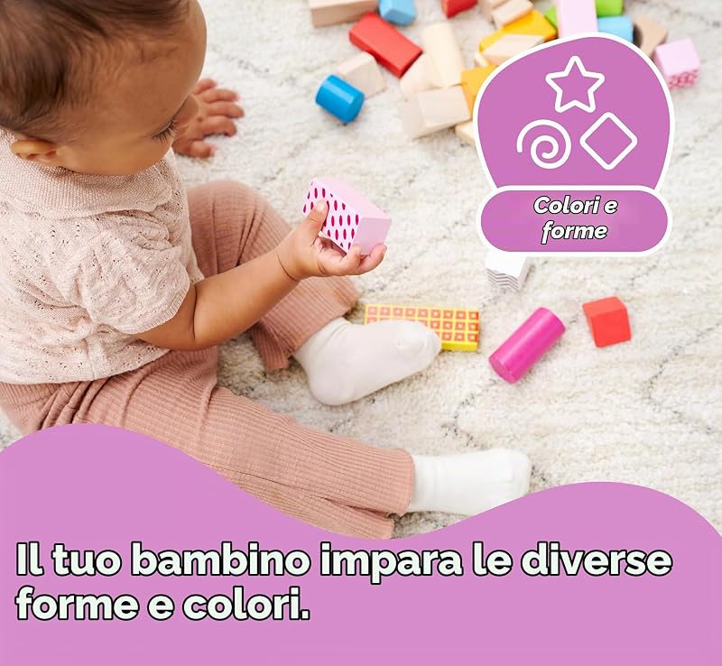 - Mattoncini Colorati in Legno, 100002226, + 12 Mesi, 50 Pezzi in Una Scatola, Mattoncini con Stampa, in Legno di Betulla