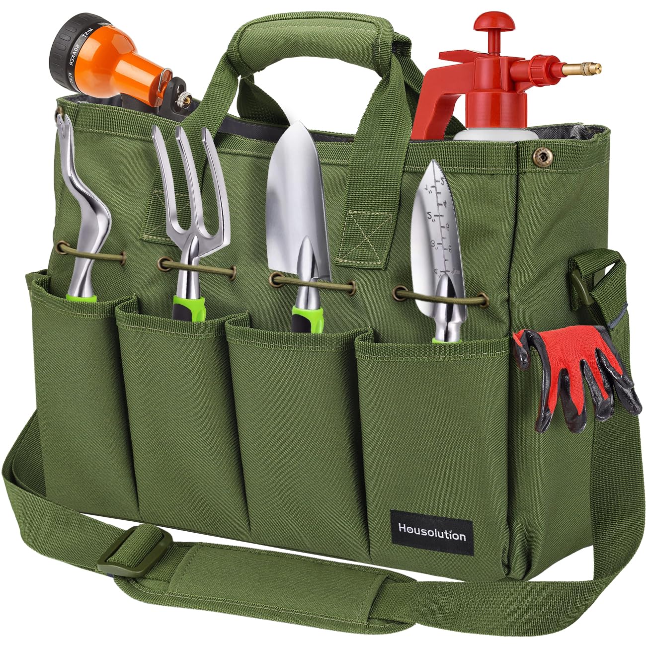 Housolution Gardening Tool Bag, Garden Tote Storage Bag with Pockets & Long Adjustable Shoulder Strap, Home Tools Organizer Garden Tool Kit Holder, Standable & Wear-Resistant, 14 Inch, Dark Green