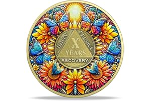 IMASONER 10 Year Sobriety Coin Gift | Sunflower & Butterfly Design AA Chip Medallion with Coin Capsule, Display Stand & Card | Sobriety Gifts for Anniversary Month & Year for Men & Women in Recovery