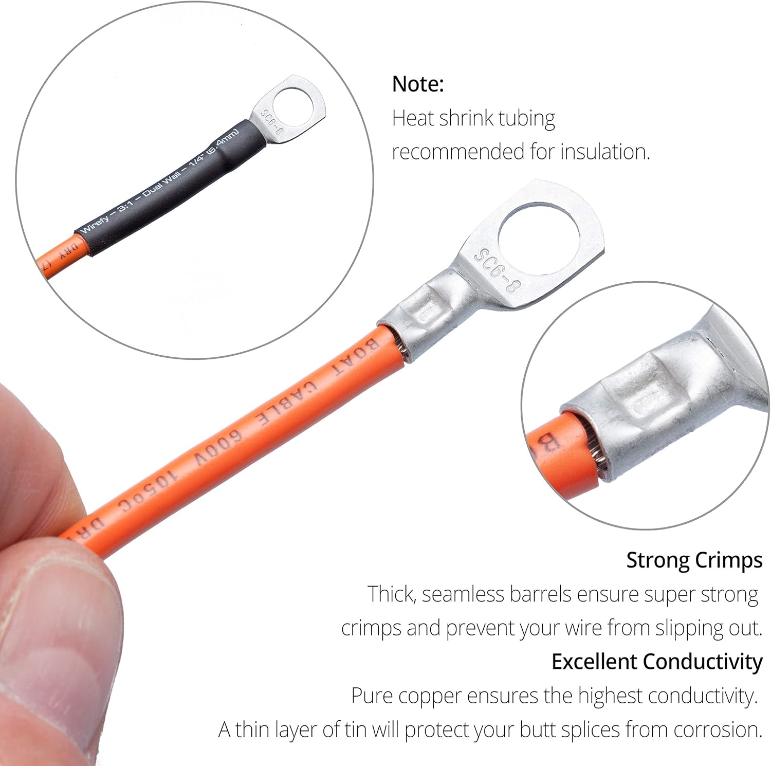Wirefy 30 PCS Tinned Copper Wire Lugs - Battery Cable Ends - Crimp Wire Connectors - Ring Terminals - 6-2 AWG: Home Improvement