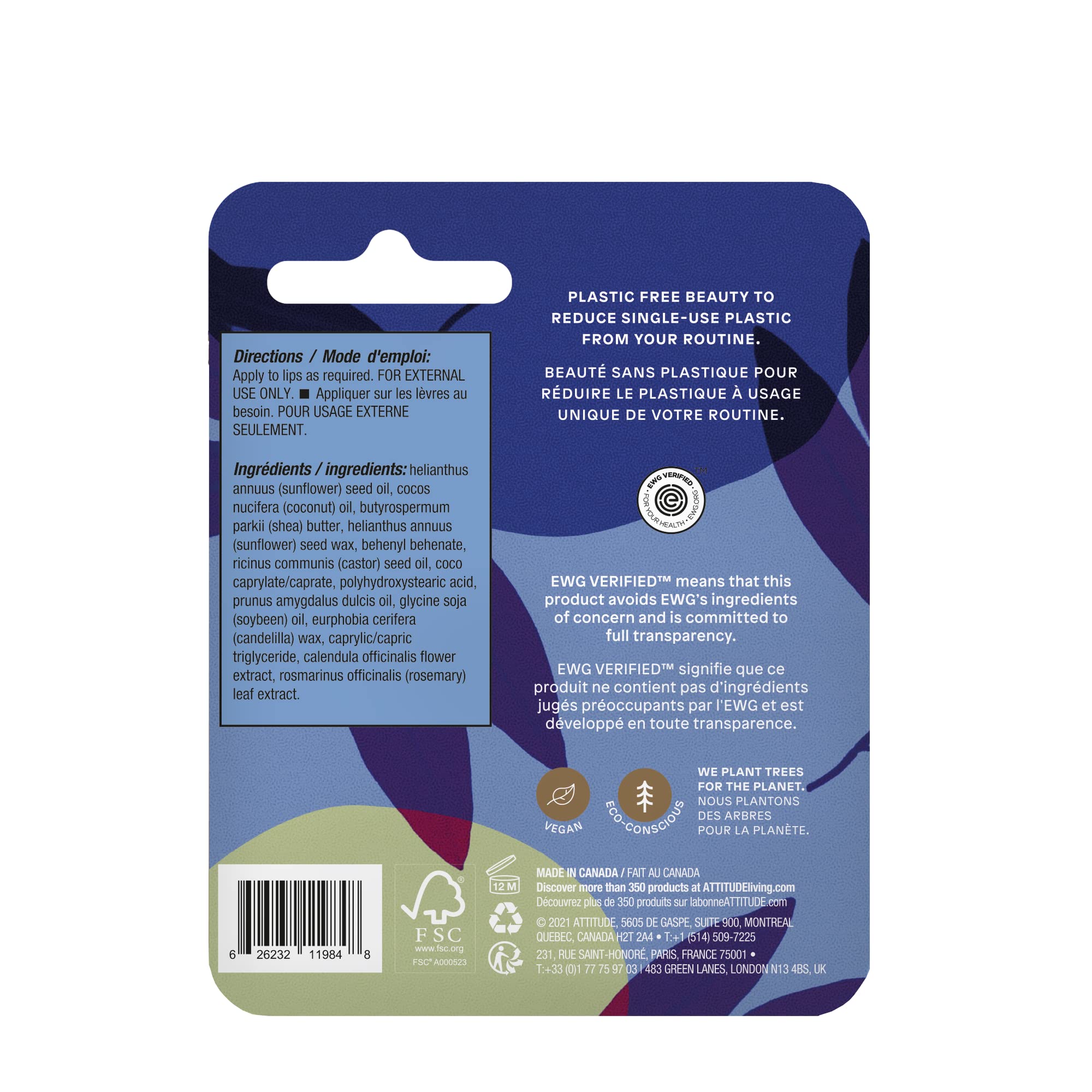 ATTITUDE Lip Balm, Natural Origin, Nourishes & Protects, Shea Butter, Coconut & Castor Oils, EWG Verified, For Dry Lips, Men and Women, Vegan, Unscented, 0.3 Oz