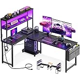 AODK L Shaped Desk Gaming Desk with LED Light & Power Outlet, 61 Inch Reversible L Shaped Computer Table with Shelf & Storage Bag & Hook for Home Office, Black
