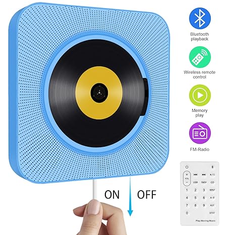 Tragbarer CD Player, wandmontierbar Bluetooth eingebaute HiFi-Lautsprecher für Kinder mit Fernbedienung, FM-Radio, USB mp3 Ko