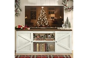 VASAGLE Farmhouse TV Stand for TVs up to 65 Inches, Entertainment Center with Storage Cabinets and Sliding Barn Doors, Media Console Table for Living Room, Rustic White and Honey Brown ULTV535W01