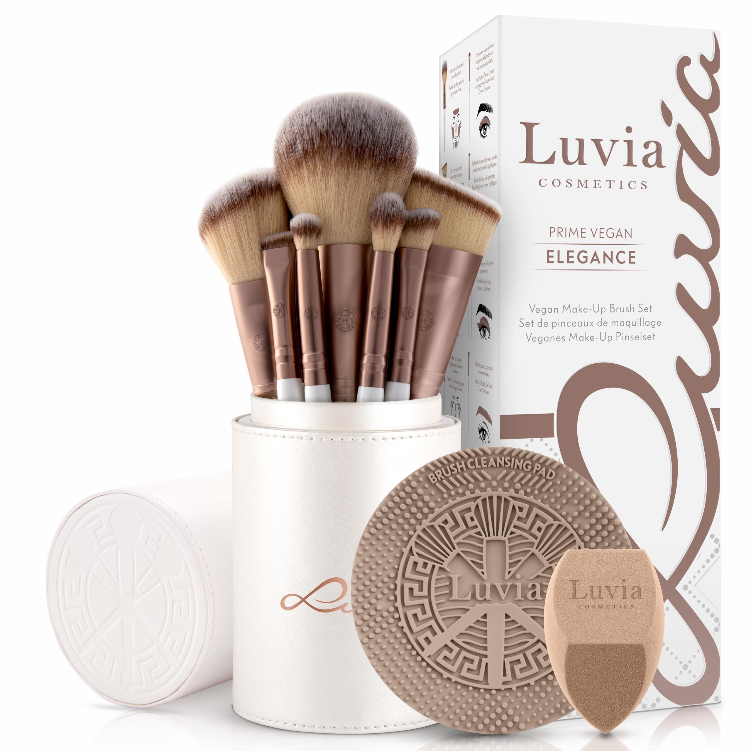 Luvia Prime Vegan Pro Make-Up Brush Set, 12 Makeup Brushes Including Brush Storage, Blender Sponge & Cleaning Mat for Cosmetic Brushes, Mother of Pearl & Coffee