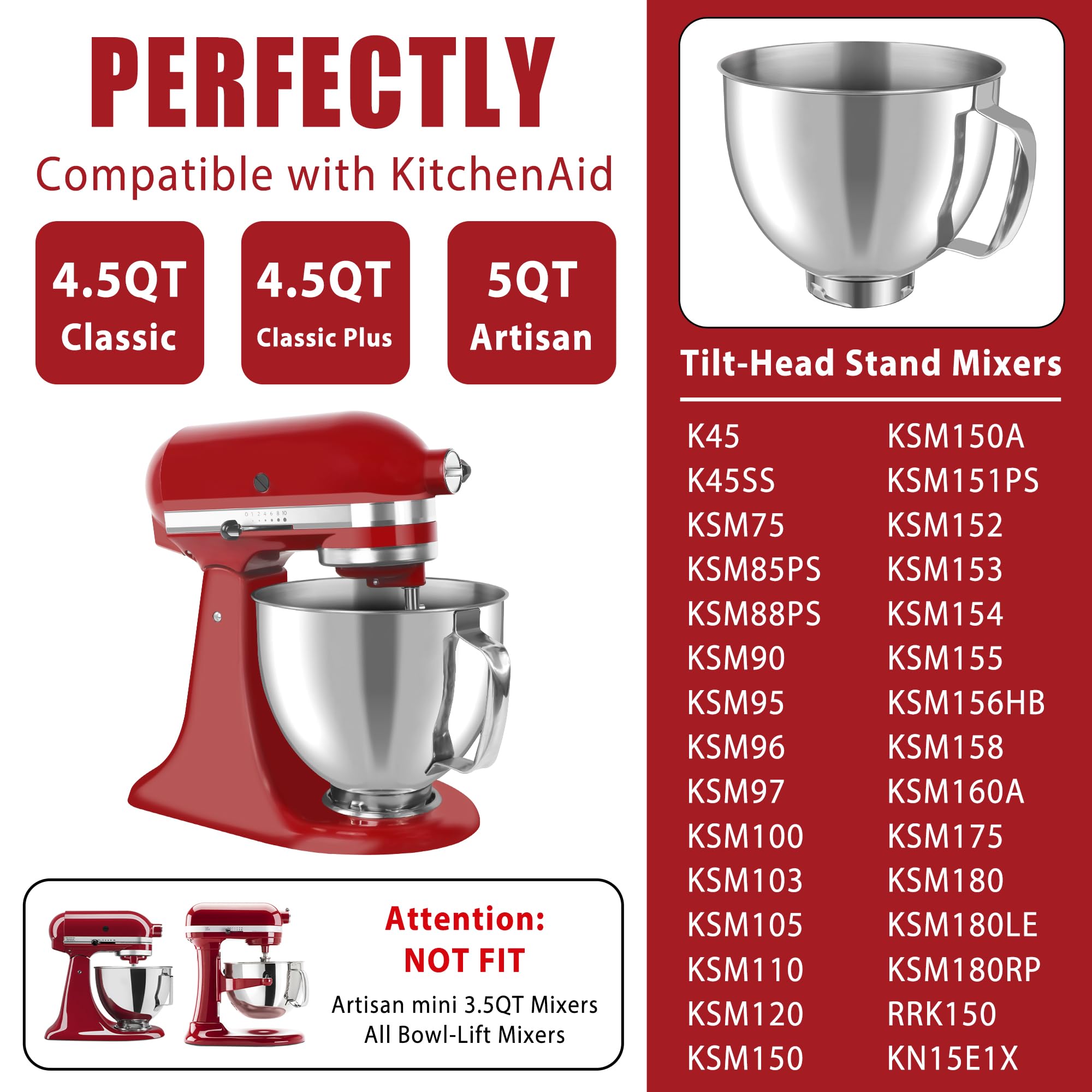 Stainless Steel Mixing Bowl for KitchenAid 4.5-5 Quart Tilt-Head Mixers, Stand Mixer Accessories, Replacement 5 QT Mixing Bowl with Handle