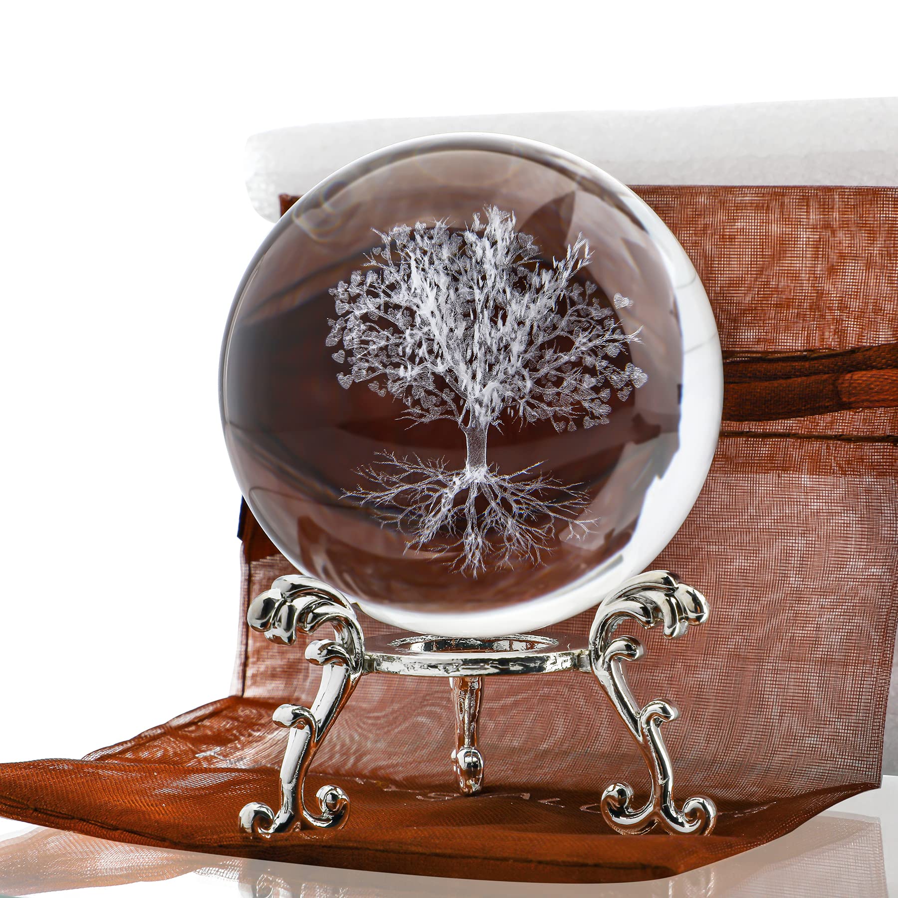 H&D HYALINE & DORA 60mm Tree of Life Crystal Ball with Stand,Decorative Paperweight 3D Laser Engraved Glass Plant Life Tree Sphere Novelty Home Decor — image 1