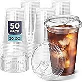 Fit Meal Prep 50 Pack 20 oz Clear Plastic Cups with Strawless Sip Lids, Disposable Plastic Coffee Cups with Lids, To Go Cups for Iced Coffee, Smoothies, Soda, Party Drinks, Bubble Tea, Cold Beverage