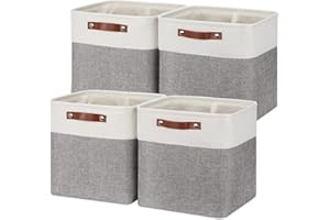 Temary 12 Inch Storage Baskets Foldable Fabric Storage Cubes 4PCs Storage Bins Organizer with Handles, Baskets for Organizing Clothes, Towels (White & Grey, 12 x 12 x 12)