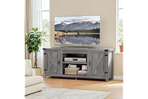 YESHOMY Modern Farmhouse TV Stand with Two Barn Doors and Storage Cabinets for Televisions up to 65+ Inch,Entertainment Center Console Table,Media Furniture for Living Room, Grey