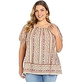 VIBOHCILLE Plus Size Tops for Women Casual Boho Floral Print Round Neck Puff Sleeve Summer Vacation Blouse Top