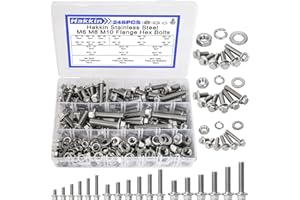 Hakkin 248Pcs Flanged Hex Bolts M6 M8 M10 Metric Bolt Assortment, Flange Hex Bolts and Nuts Kit M6 Bolt M8 x 1.25 Bolt M10-1.25 Bolt Stainless Steel Hex Head Bolts Screws Nuts Washers Assortment Kit