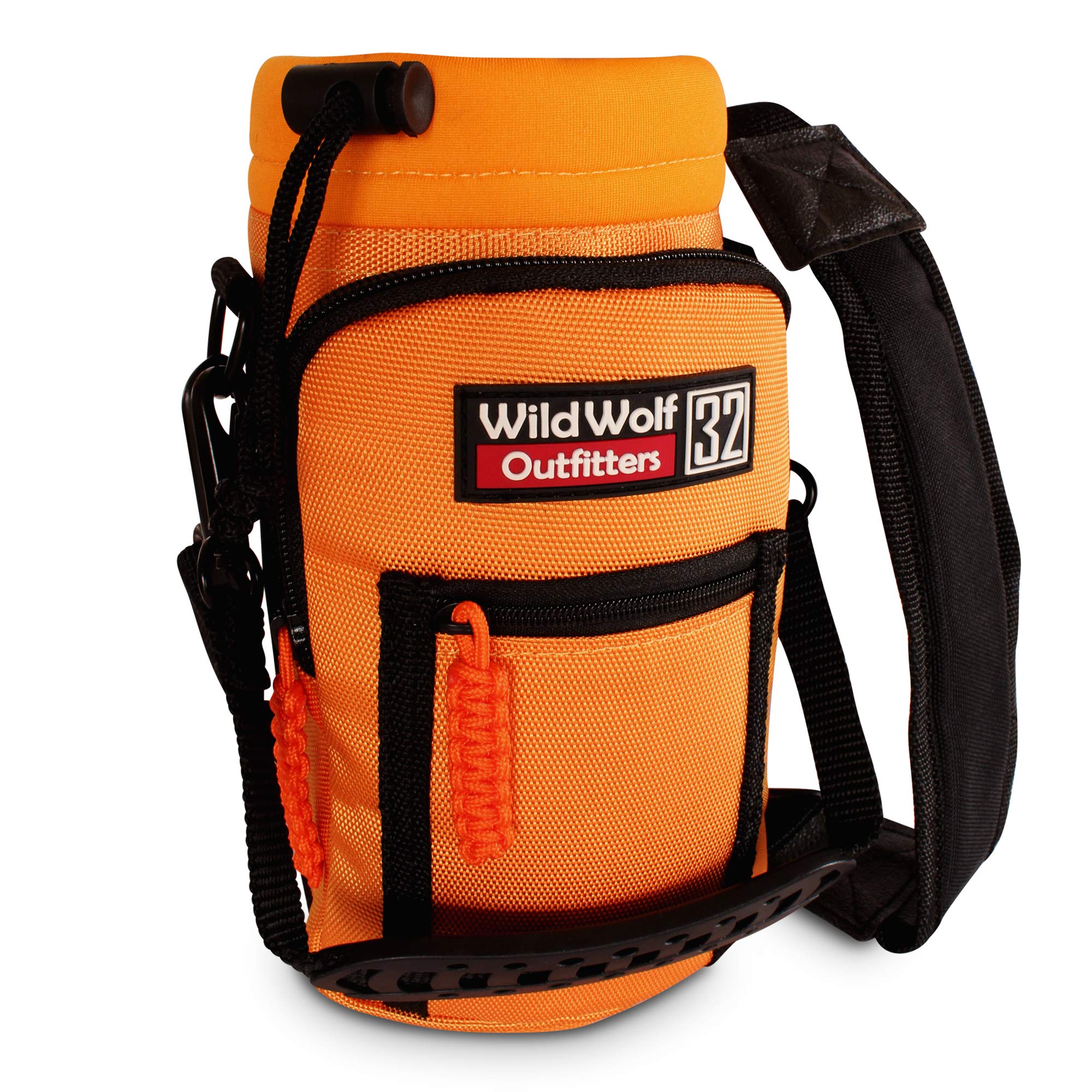 Wild Wolf Outfitters Water Bottle Carrier Holder with Adjustable Strap and 2 Pockets for Hands-Free Walking and Hiking | Orange, 1 L