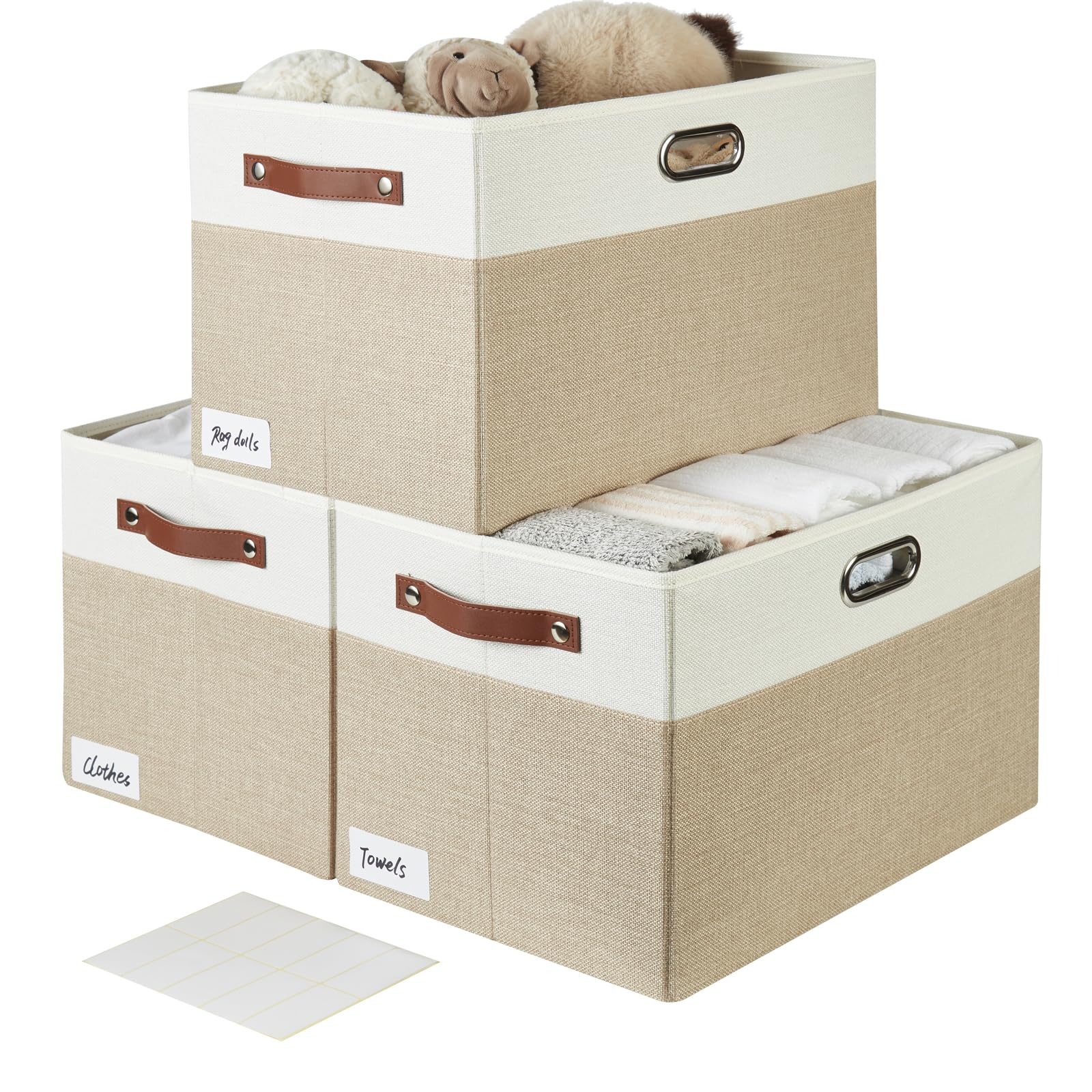Photo 1 of Bagnizer Large Collapsible Fabric Storage Bins with 3 Handles, Foldable Organizer Baskets for Closet, Shelves, Living Room | 3 Pack, Durable PU & Metal Handles (17"x11.8"x11.8", Beige & White)