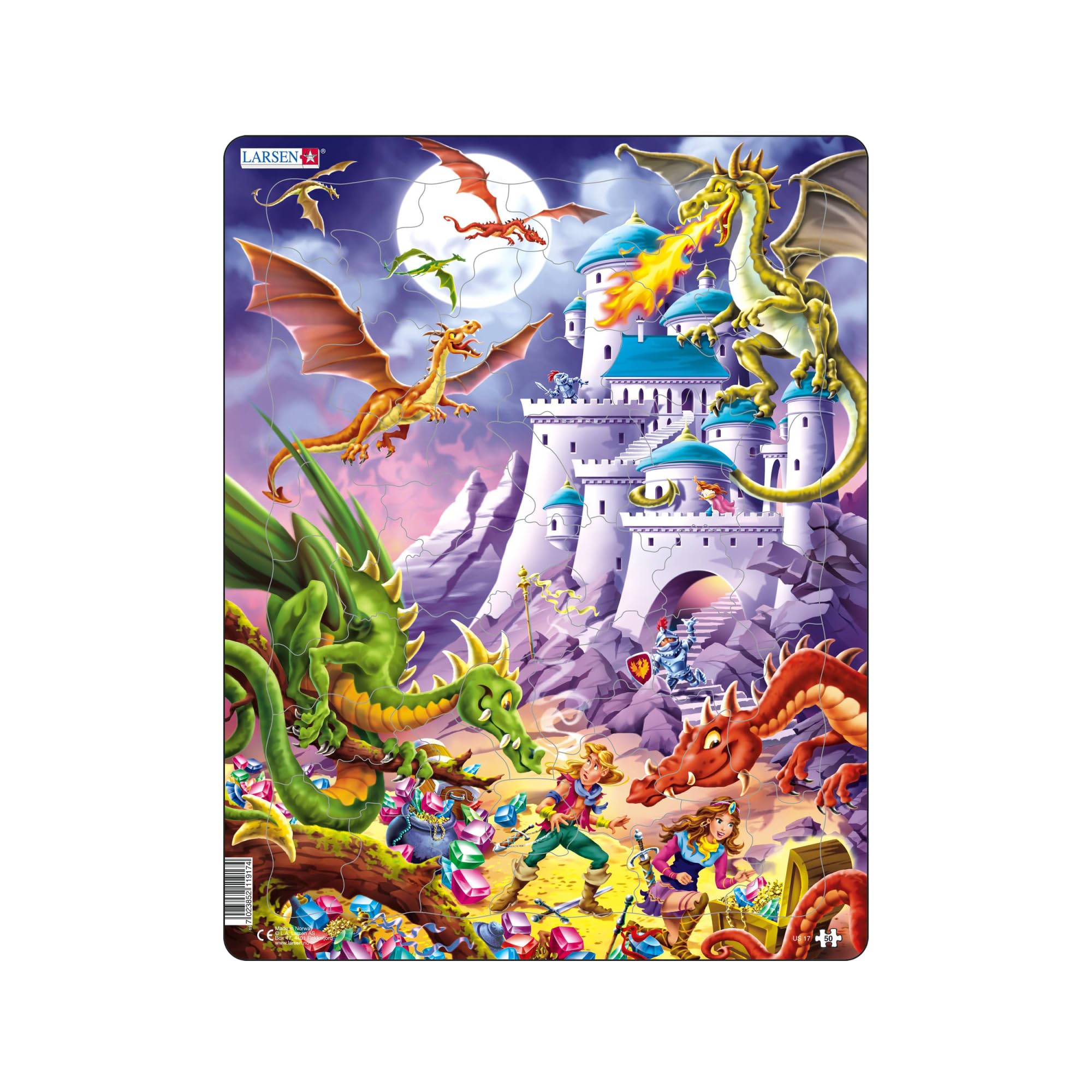 Larsen US17 Dragons & Heroes Castle Puzzle – 50-Piece Fantasy Adventure Jigsaw for Kids – Boxless Tray & Frame Jigsaw Puzzle for Children