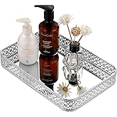 ELLDOO Perfume Mirror Tray Vanity Makeup Hollow-Carved Jewelry Organizer Glass Metal Trinket Storage Tray Home Decor Organizer for Dresser Bathroom Countertop,Silver,Medium Size