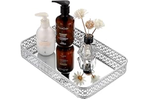 ELLDOO Perfume Mirror Tray Vanity Makeup Hollow-Carved Jewelry Organizer Glass Metal Trinket Storage Tray Home Decor Organizer for Dresser Bathroom Countertop,Silver,Medium Size