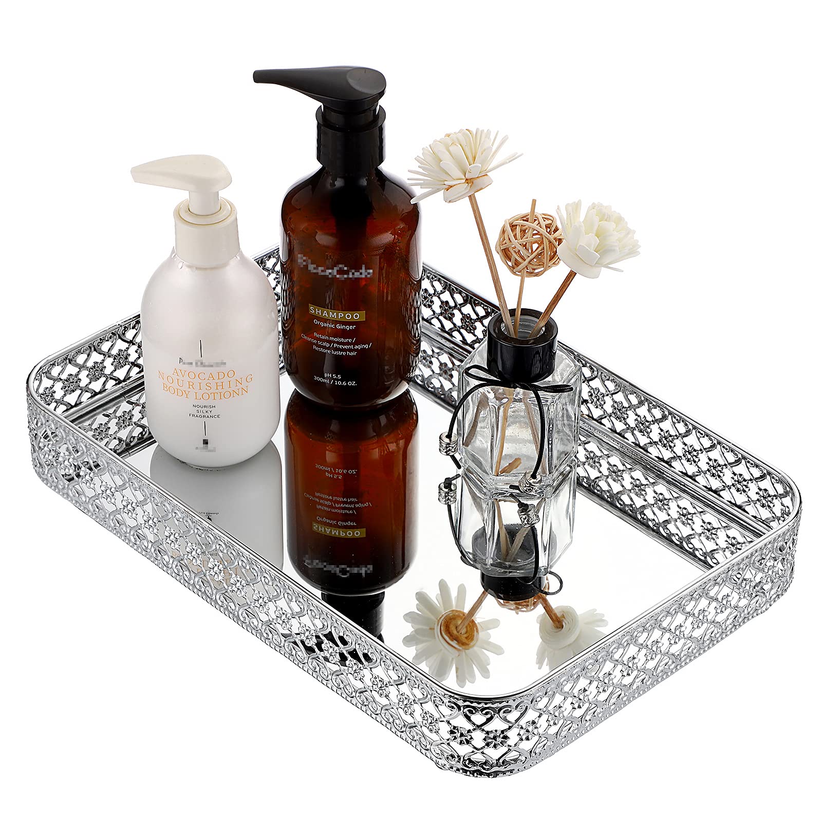 Photo 1 of ELLDOO Perfume Mirror Tray Vanity Makeup Hollow-Carved Jewelry Organizer Glass Metal Trinket Storage Tray Home Decor Organizer for Dresser Bathroom Countertop,Silver,Medium Size