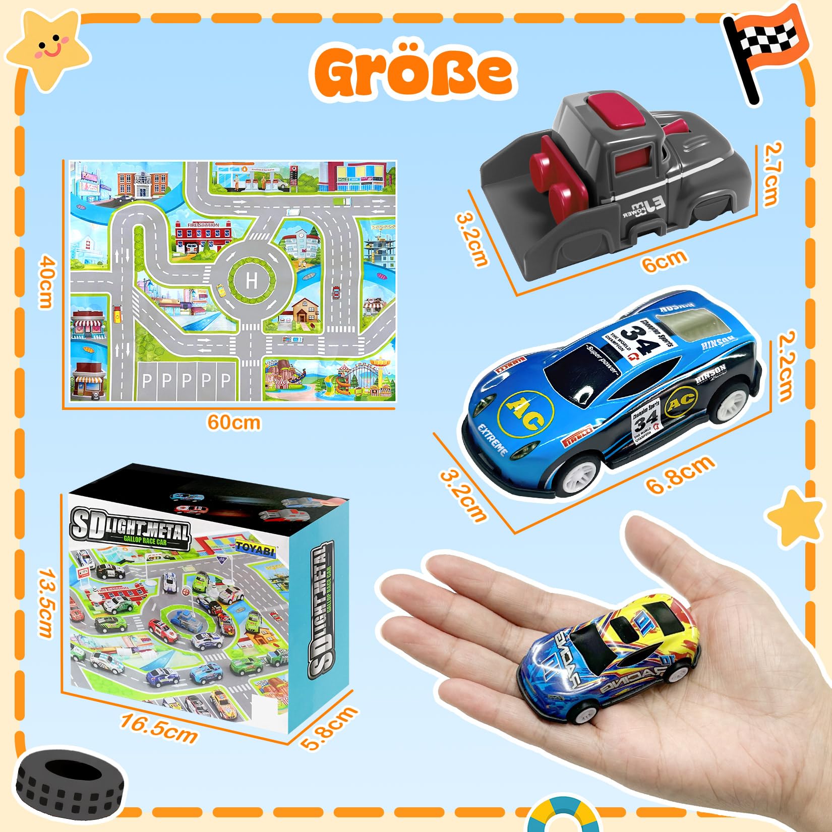 TOYABI Auto Spielzeug Set, 10 Stück Spielzeugautos Metall mit spielteppich & Katapult, Kleine Spielzeugauto, Autos Zurückziehen Fahrzeuge, Geburtstag Geschenk für Kinder ab 3 4 5 6 7 8 Jahre 5