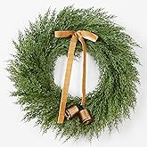 Waipfaru 24 Inch Christmas Wreath, Cedar Wreath Artificial Realistic with Bow and Bell, Large Christmas Pine Wreaths for Front Door, Windows, Outdoor, Indoor, Wall, Christmas Decorations (1Pcs)