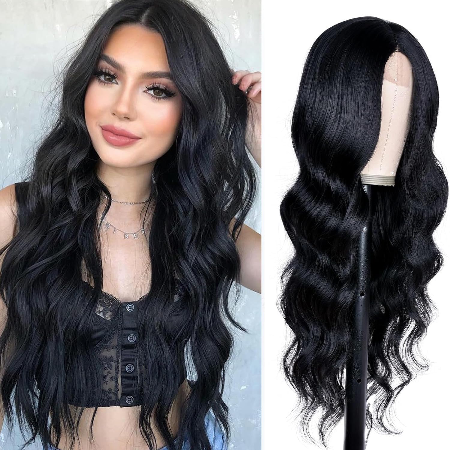 ISAMY Long Wavy Wigs for Women 26Inch Synthetic Middle Part Curly Wavy Natural Looking Synthetic Wig for Daily Part Use (Black)