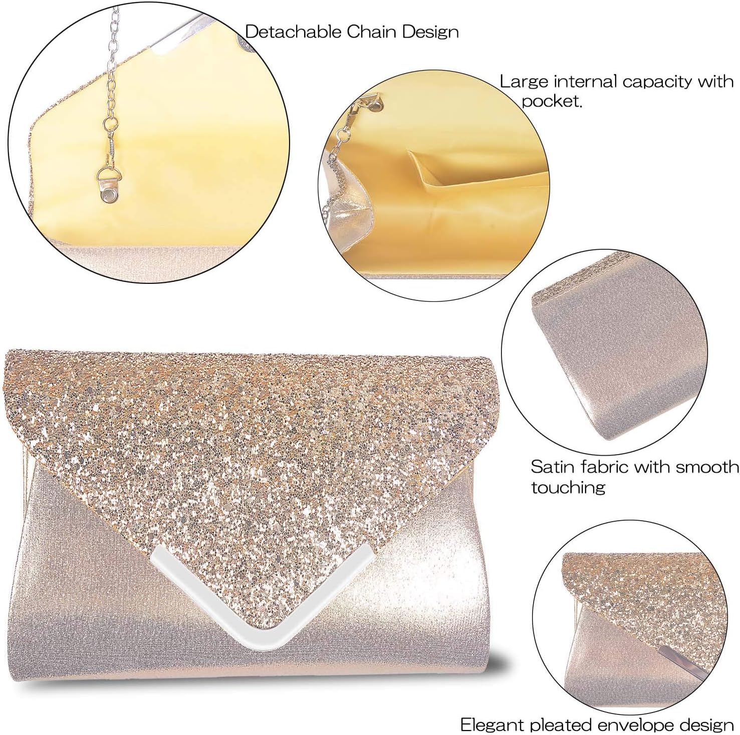 Larcenciel Women Clutch Bag Elegant Sequins Evening Clutch Purse Chain Shoulder Bags Sparkly gold Evening Bridal Prom Party Handbag Purse - Image 4