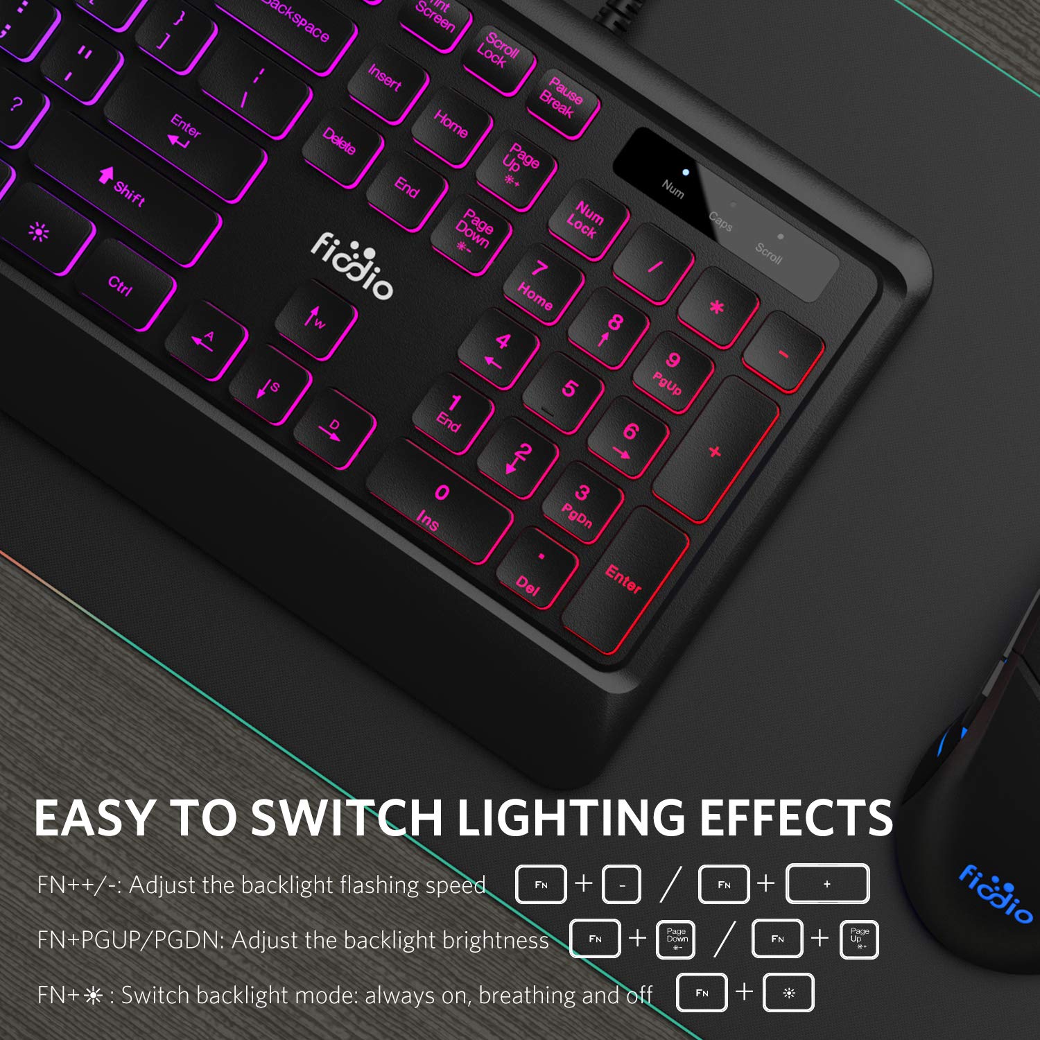 Fiodio Rainbow Membrane Gaming Keyboard, Quiet Wired Computer Keyboard, 104 Silent & 26 Anti-Ghosting Keys, Spill Resistant, Multimedia Control for PC and Desktop