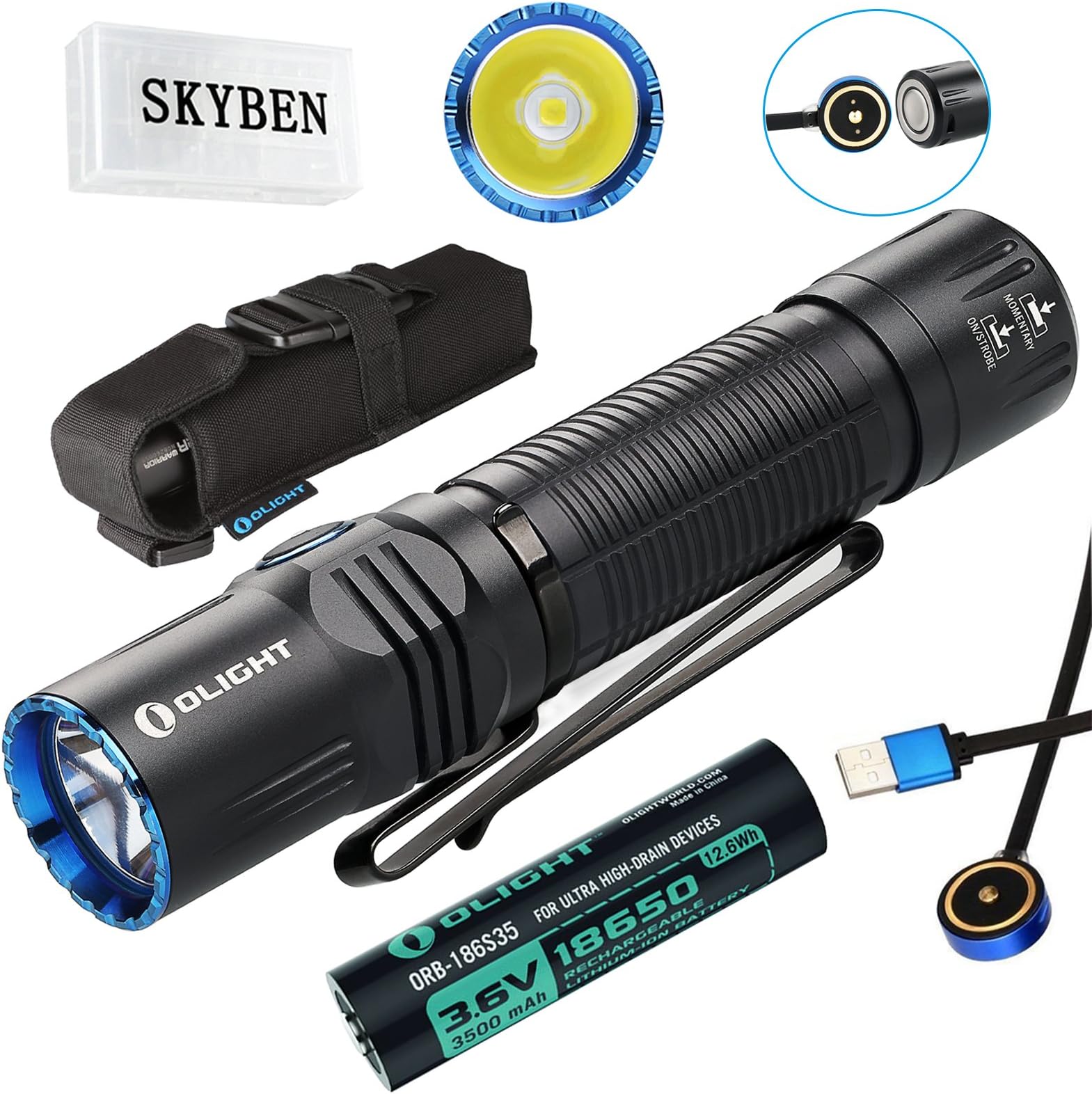 SKYBEN Olight M2R 1500 Lumen Cree XHP35 HD LED USB Magnetic Rechargeable Dual switches Tactical Flashlight,with Magnetic Charging Cable,Customized 18650 Battery Accessory