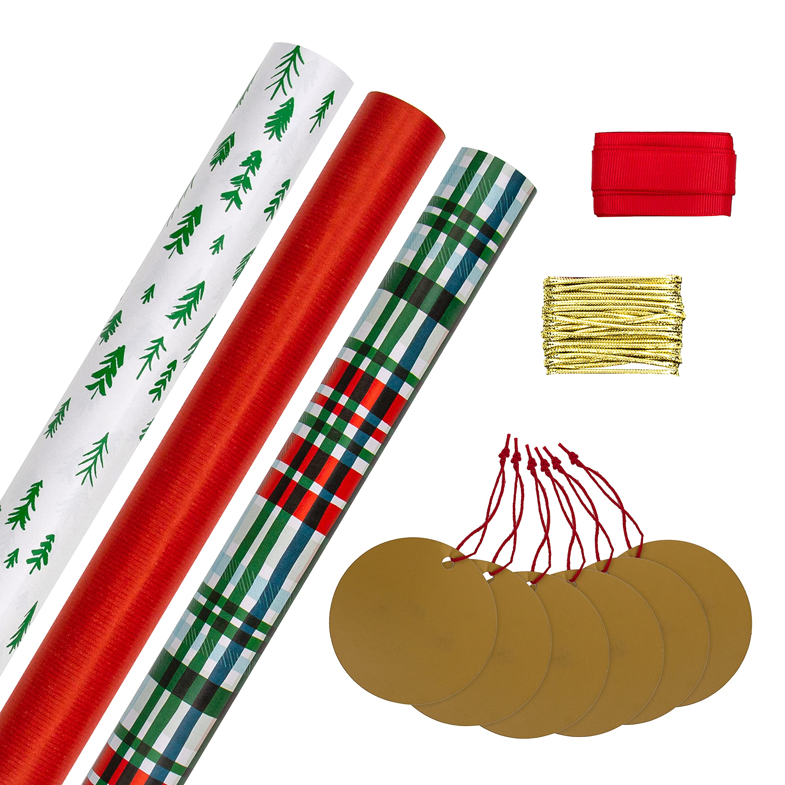 Hallmark Christmas Gifting Compendium, 3 Pack Wrapping Paper, 2M Each, 6 Gift Tags, 2 Raffia Ribbons, Tartan, Red, White, Green Compendium Pack