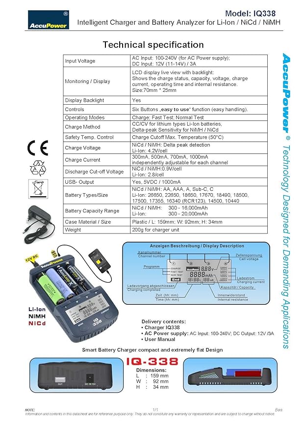 AccuPower IQ338 - Cargador con Pantalla LCD para baterías Li-Ion ...