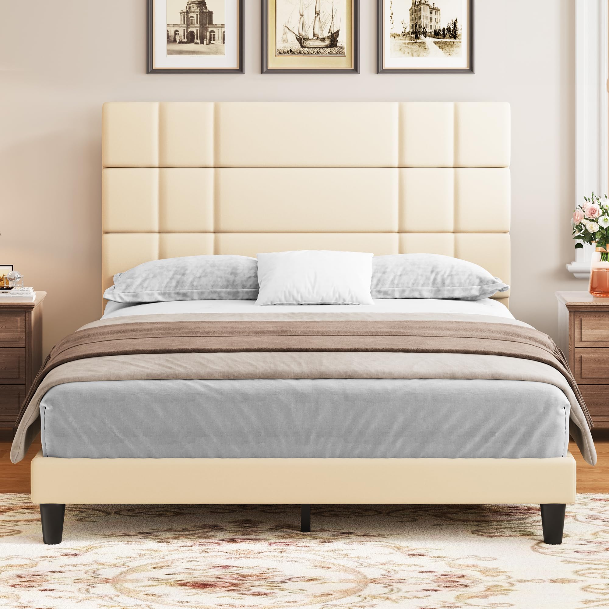 Photo 1 of DWVO Queen Bed Frame Linen Fabric Upholstered Platform with Headboard and Strong Wooden Slats, Non-Slip and Noise-Free,No Box Spring Needed, Easy Assembly,Beige