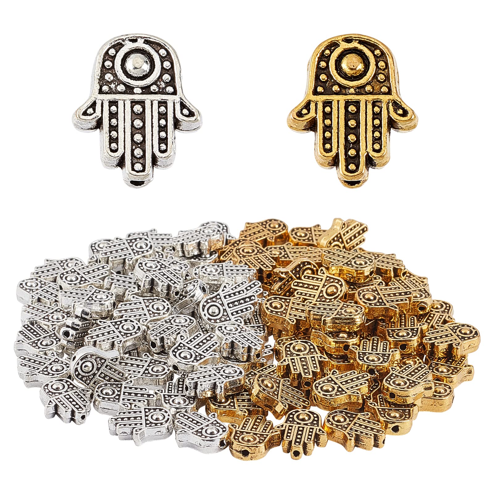 SUNNYCLUE 1 Box 100Pcs 2 Colors Hamsa Hand Beads Alloy Hand of Fatima Miriam Loose Spacer Bead Charms Chakra Tibetan Style for Jewelry Making Bracelets Necklaces Crafts Supplies