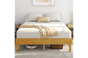 Yaheetech Queen Bed Frame Natural Solid Wood Platform Bed with Wooden Slats Support, 7.3-inch Underbed Space for Storage, Noise-Free Design, Easy Assembly, Natural Wood Finish