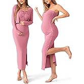 SUNNYBUY Baby Shower Maternity Tube Dress Short Cardigan Bodycon Ribbed Maxi Dress Casual 2 Piece Pregnancy Outfit Set