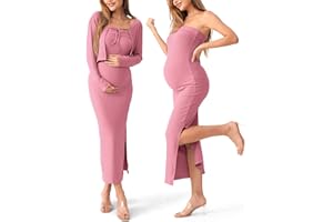 SUNNYBUY Baby Shower Maternity Tube Dress Short Cardigan Bodycon Ribbed Maxi Dress Casual 2 Piece Pregnancy Outfit Set