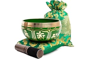 Tibetan Singing Bowl Set - Authentic Handcrafted Mindfulness Meditation Holistic Sound 7 Chakra Healing by Himalayan Bazaar (Emerald)