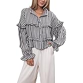 Tanming Womens Striped Button Down Shirts Ruffled Long Sleeve Stand Collar Shirt Dressy Casual Blouse Tops