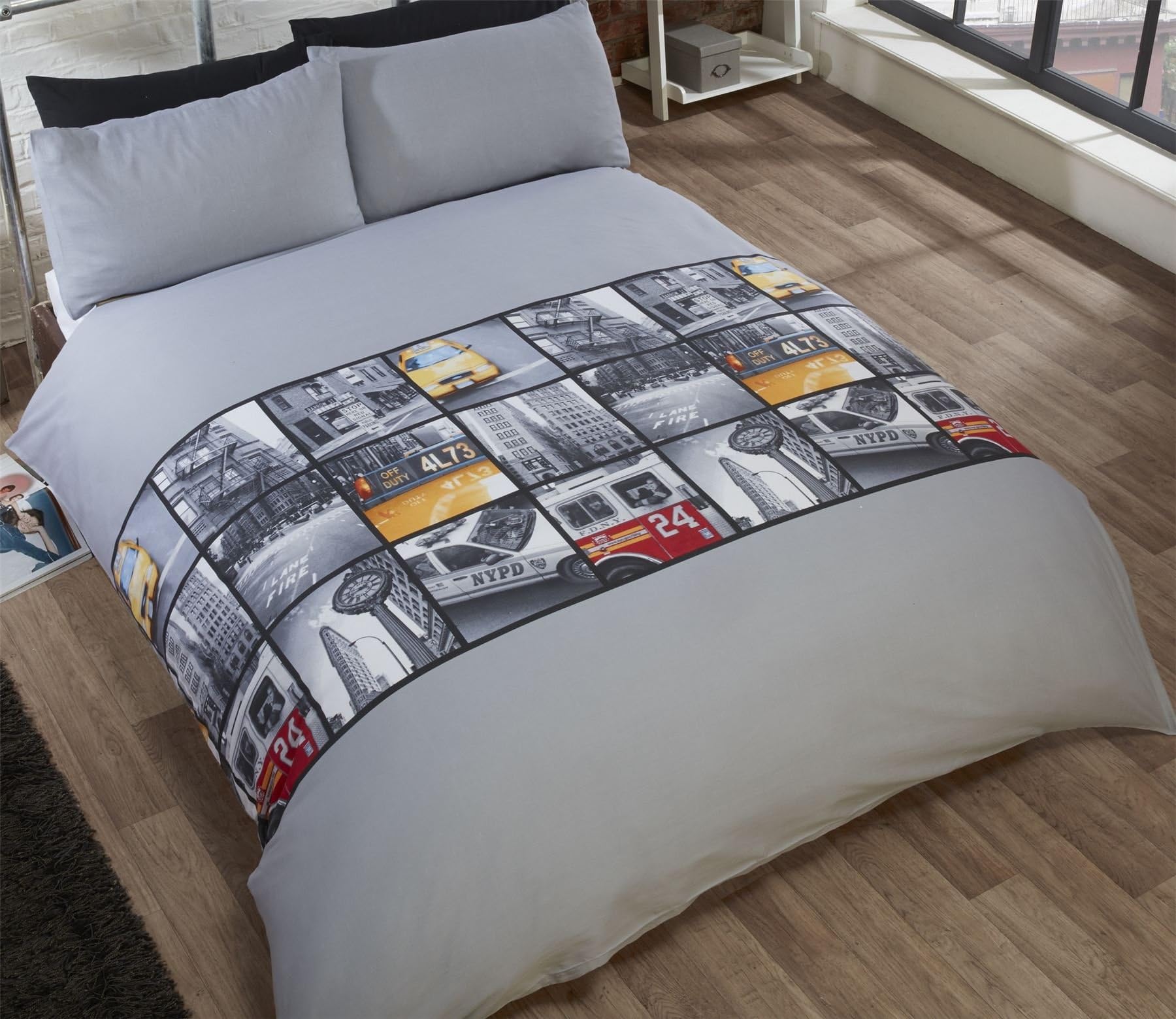 New York Iconic Taxi USA Big Apple Grey King Bed Size Duvet Cover Quilt Set Hallways ®