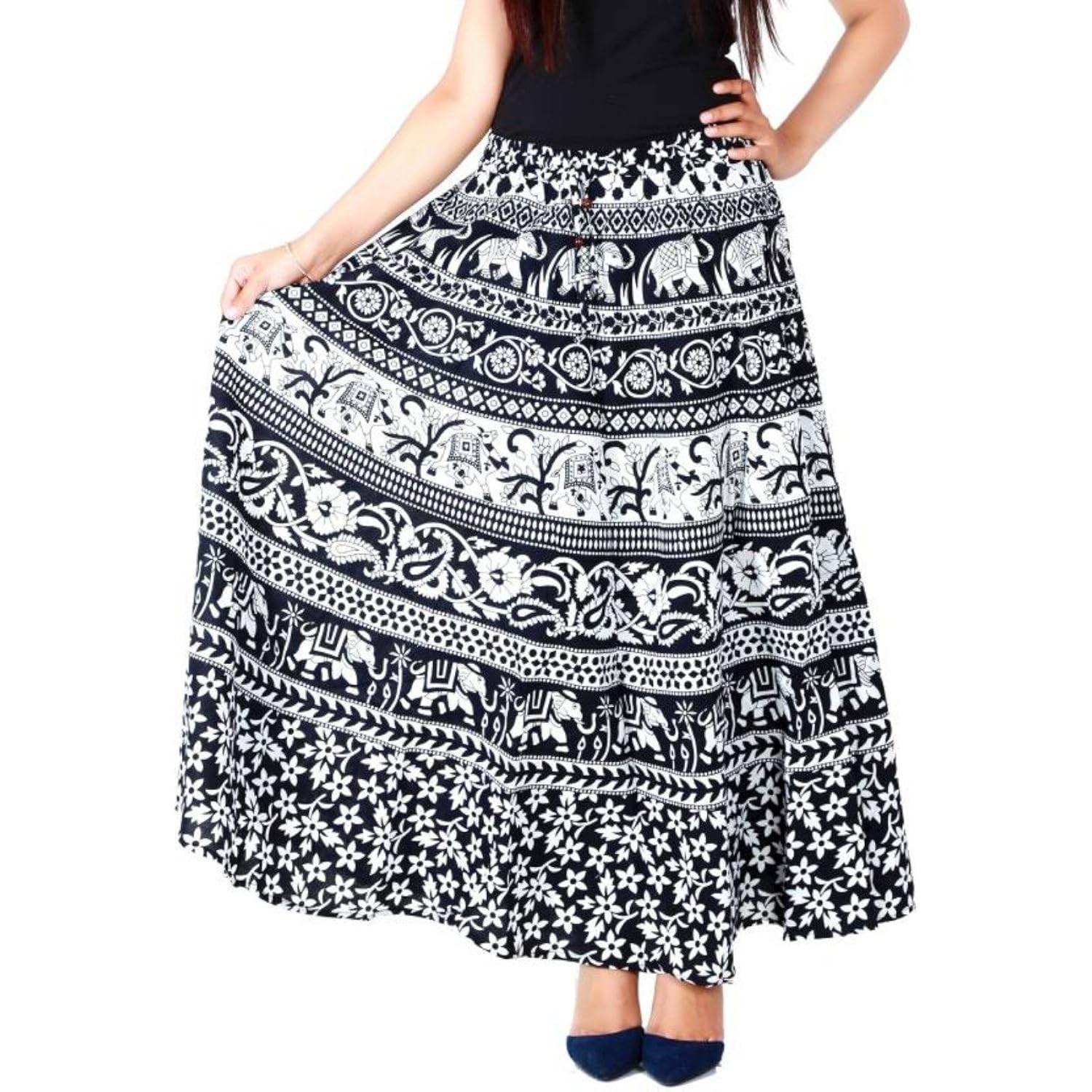 buynewtrend cotton black n white full length animal printed wrap around skirt for women