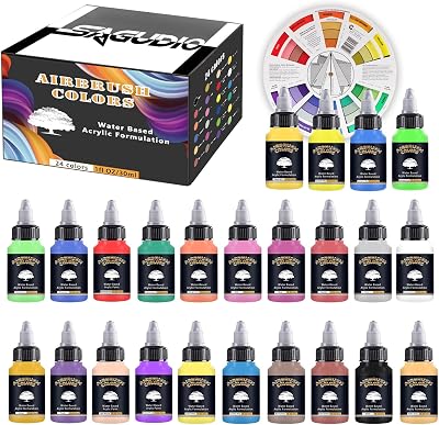 SAGUDIO Airbrush Acrylic Paint Set 24x30ml Basic Colors Ready to Airbrush