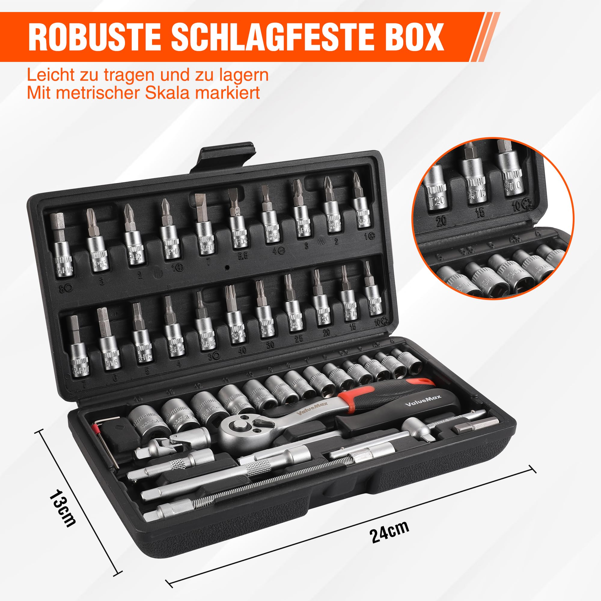ValueMax Steckschlüsselsatz 46tlg. Cr-V Stahl Steckschlüssel mit 1/4" Umschaltknarre, Steckschlüssel, Bitsatz, Steckschlüsseleinsätze, Werkzeugkoffer 6