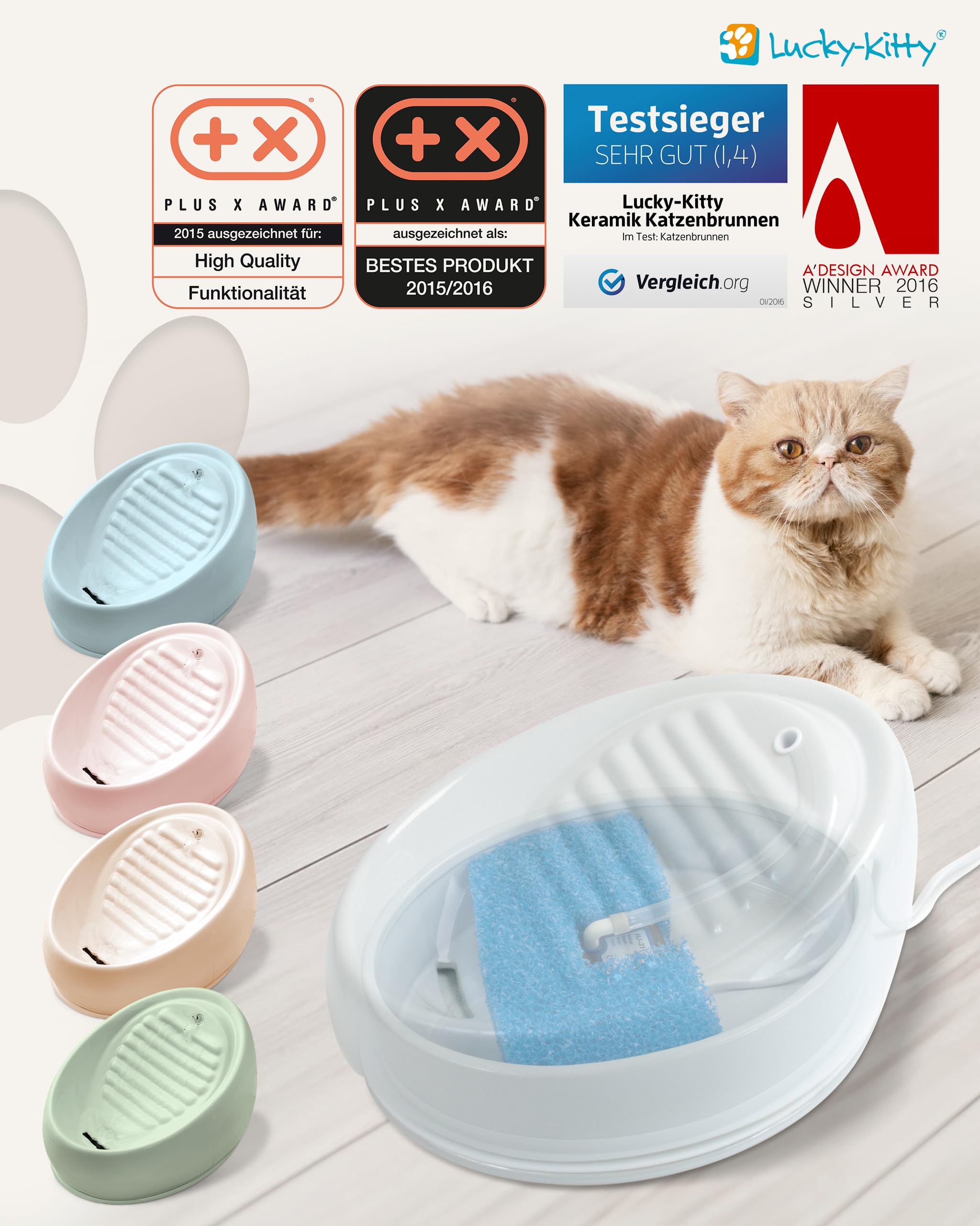 Lucky-Kitty Trinkbrunnen für Katze grau I Katzenbrunnen Keramik Handarbeit, hygienisch I Kein Aufladen, kein Filter-Tausch I Trinkbrunnen leise & energiesparend I Wasserspender Katzen plastikfrei 8
