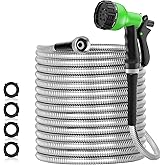 SPECILITE 75ft 304 Stainless Steel Garden Hose Metal, Heavy Duty Water Pipe with Nozzles for Yard, Outdoor - Flexible, Never Kink & Tangle, Puncture Resistant (Sliver)
