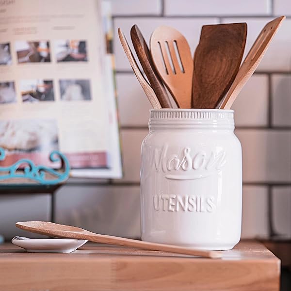 FARMHOUSE CANISTERS SETS FOR THE KITCHEN – MASON JAR CERAMIC KITCHEN UTENSIL HOLDER, SPOON REST, CUTE COOKIE JAR, SALT & PEPPER SHAKER SETS, SPONGE HOLDER, MEASURING CUPS & SPOONS (WHITE,17-PC BUNDLE)